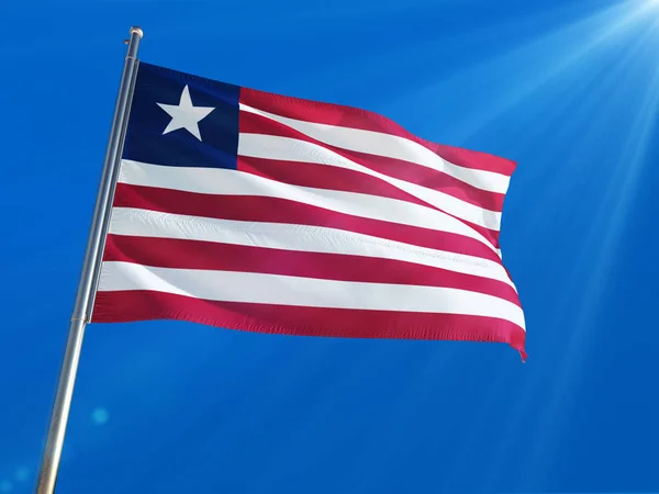 Liberia National Flag Waving Pole Deep Blue Sky Background High — Stock Photo, Image