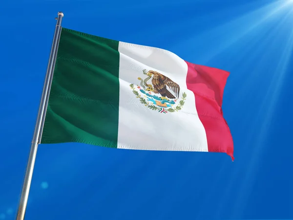 Bandera Nacional México Ondeando Poste Sobre Fondo Azul Profundo Del — Foto de Stock