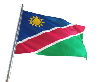 Namibya ulusal bayrak rüzgarda sallayarak izole beyaz arka plan. Yüksek çözünürlüklü