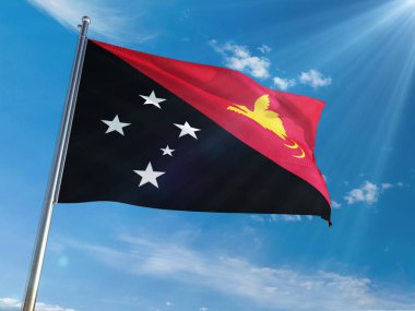 Papua Yeni Gine bayrağı Ulusal sallayarak güneşli mavi gökyüzü arka plan karşı kutup. Yüksek çözünürlüklü