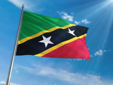 Saint Kitts ve Nevis bayrak Ulusal sallayarak güneşli mavi gökyüzü arka plan karşı kutup. Yüksek çözünürlüklü