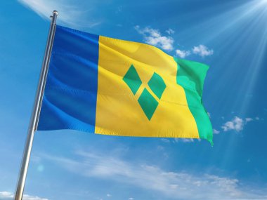 Saint Vincent ve Grenadinler bayrak Ulusal sallayarak güneşli mavi gökyüzü arka plan karşı kutup. Yüksek çözünürlüklü