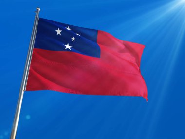 Bağımsız Samoa Devleti bayrağı Ulusal sallayarak derin mavi gökyüzü arka plan karşı kutup. Yüksek çözünürlüklü
