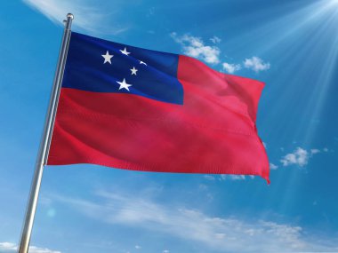 Bağımsız Samoa Devleti bayrağı Ulusal sallayarak güneşli mavi gökyüzü arka plan karşı kutup. Yüksek çözünürlüklü