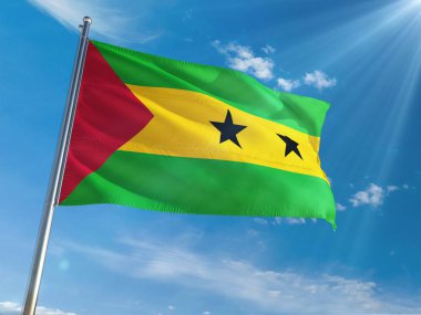 Sao Tome ve Principe bayrak Ulusal sallayarak güneşli mavi gökyüzü arka plan karşı kutup. Yüksek çözünürlüklü
