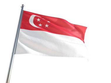Singapur Ulusal bayrak rüzgarda sallayarak izole beyaz arka plan. Yüksek çözünürlüklü
