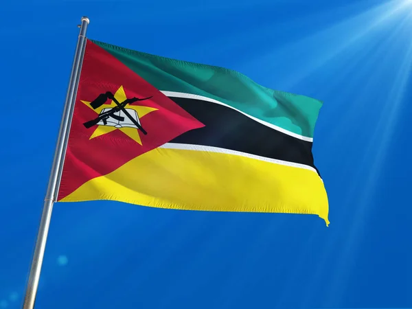 Bandera Nacional Mozambique Ondeando Poste Contra Fondo Azul Profundo Del —  Fotos de Stock