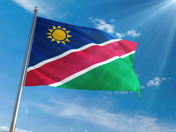 Bandera Nacional Namibia Ondeando Poste Contra Soleado Fondo Azul Del — Foto de Stock