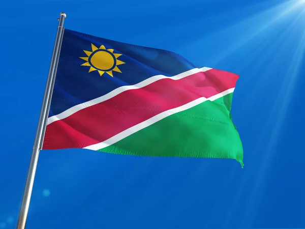 Namíbia Nemzeti Zászló Integet Pole Mély Kék Háttér Nagy Felbontású — Stock Fotó