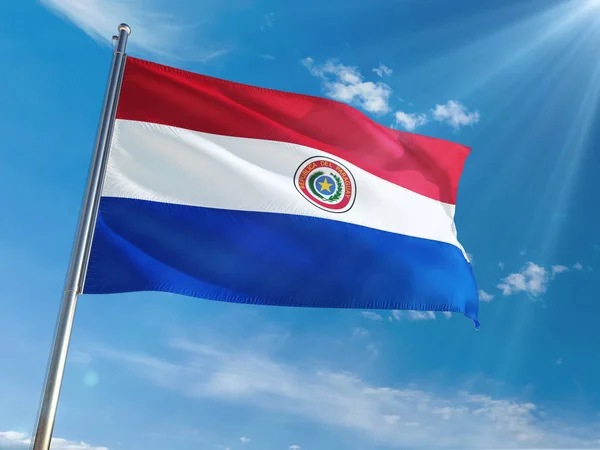 Paraguay Nationella Flagga Vajande Stolpe Mot Solig Blå Himmel Bakgrund — Stockfoto