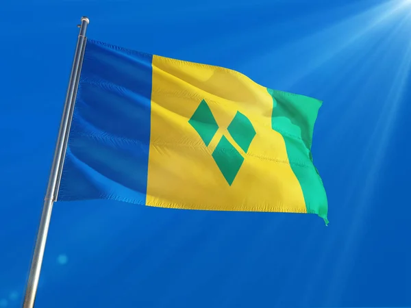 Saint Vincent Grenadines National Flag Waving Pole Deep Blue Sky — Stock Photo, Image