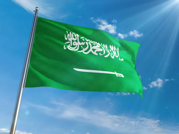 Saudi Arabia National Flag Waving Pole Sunny Blue Sky Background — Stock Photo, Image