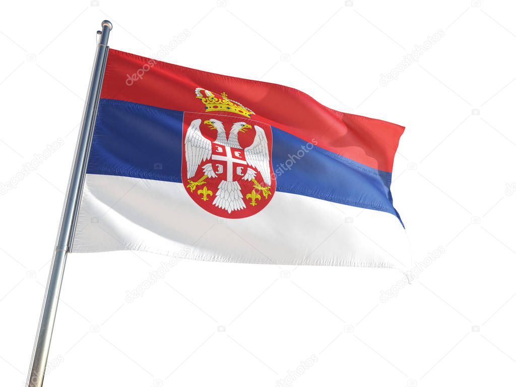 Serbia National Flag waving in the wind, isolated white background. High Definition