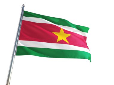 Surinam ulusal bayrak rüzgarda sallayarak izole beyaz arka plan. Yüksek çözünürlüklü