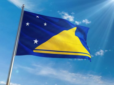 Tokelau bayrak Ulusal sallayarak güneşli mavi gökyüzü arka plan karşı kutup. Yüksek çözünürlüklü