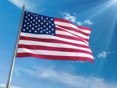 Amerika Birleşik Devletleri bayrağı Ulusal sallayarak güneşli mavi gökyüzü arka plan karşı kutup. Yüksek çözünürlüklü