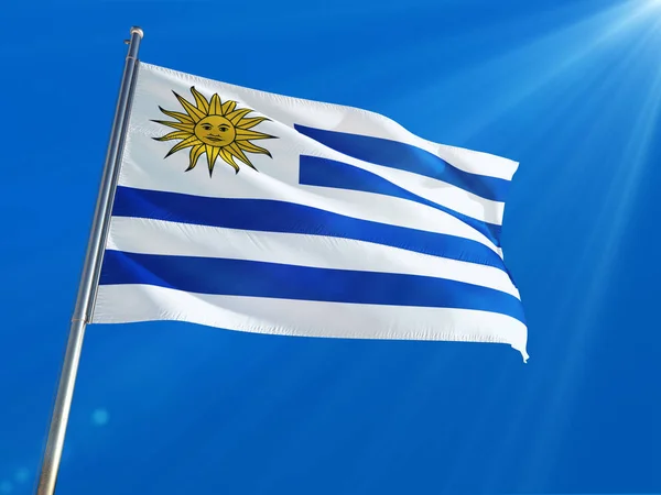 Bandera Nacional Uruguay Ondeando Sobre Poste Contra Fondo Azul Profundo — Foto de Stock