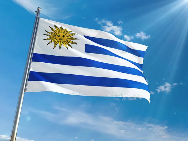 Bandera Nacional Uruguay Ondeando Poste Contra Soleado Fondo Azul Del — Foto de Stock