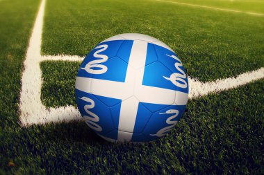 Martinique Top köşe kick pozisyona, soccer alan arka plan. Ulusal futbol Tema yeşil çimenlerin üzerinde.