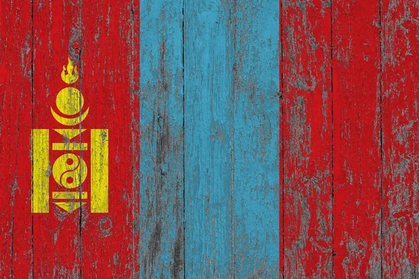 Steagul Mongoliei Pictat Fundalul Texturii Din Lemn Uzat — Fotografie, imagine de stoc