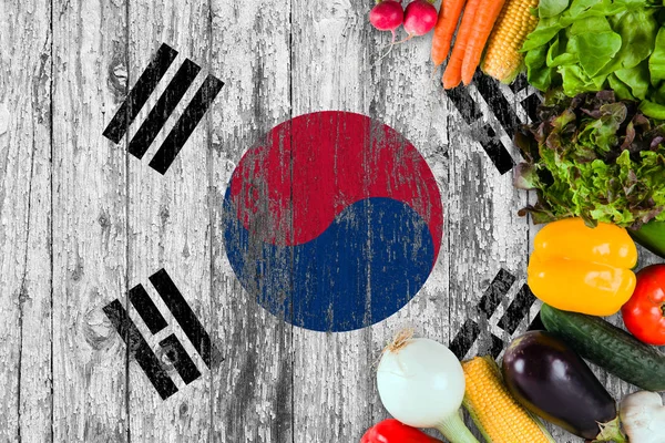 Fresh Vegetables South Korea Table Cooking Concept Wooden Flag Background — Stock Photo, Image
