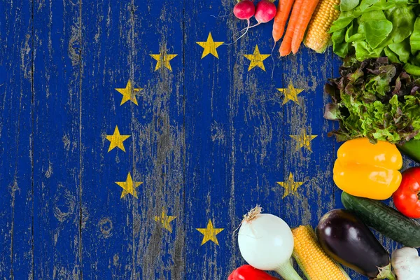 Verse Groenten Uit Europese Unie Tafel Concept Achtergrond Van Houten — Stockfoto