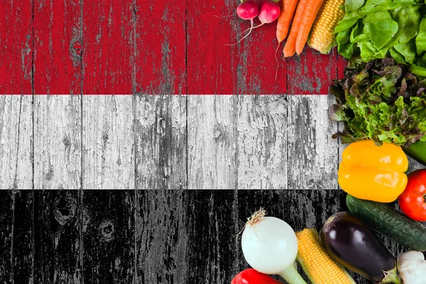 Légumes Frais Yémen Sur Table Concept Cuisson Sur Fond Drapeau — Photo