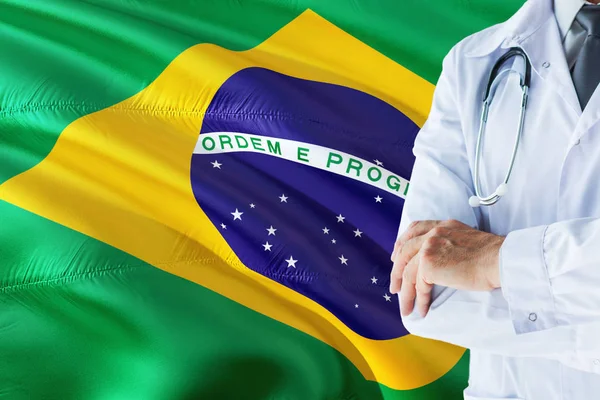 Doctorul Brazilian Picioare Stetoscopul Fundalul Steagului Braziliei Conceptul Sistemului Sanitar — Fotografie, imagine de stoc