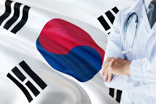 South Korean Doctor Standing Stethoscope South Korea Flag Background National — Stock Photo, Image