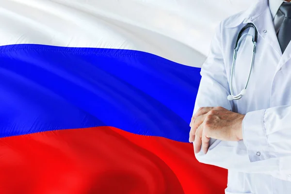 Doctor Ruso Pie Con Estetoscopio Fondo Bandera Rusia Concepto Del — Foto de Stock