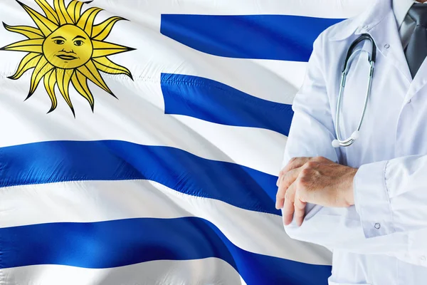 Médico Uruguayo Pie Con Estetoscopio Sobre Fondo Bandera Uruguay Concepto —  Fotos de Stock
