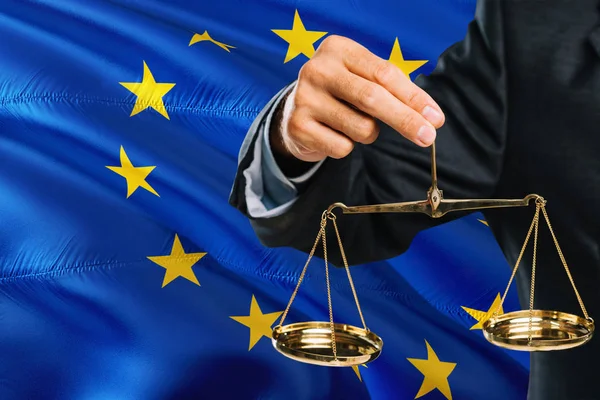 Judge Holding Golden Scales Justice European Union Waving Flag Background — Stock Photo, Image