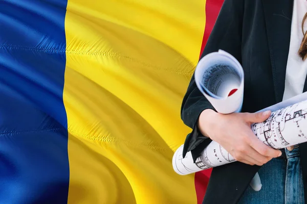 Romanian Architect Woman Holding Blueprint Romania Waving Flag Background Construction — Stock Photo, Image