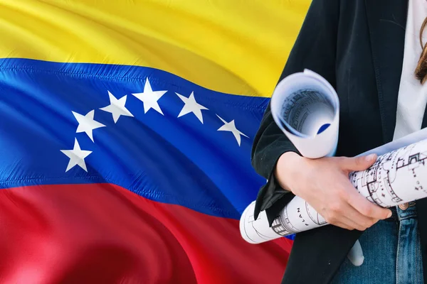 Venezuelan Architect Woman Holding Blueprint Venezuela Waving Flag Background Construction — Stock Photo, Image