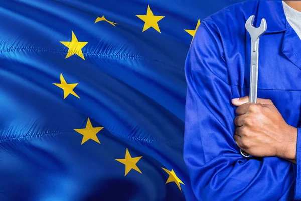 Mechanic Blue Uniform Holding Wrench Waving European Union Flag Background — Stock Photo, Image