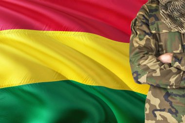 Silah Bolivya Ulusal dalgalanan bayrak askerle arka plan üzerinde - Bolivya askeri Tema geçti.