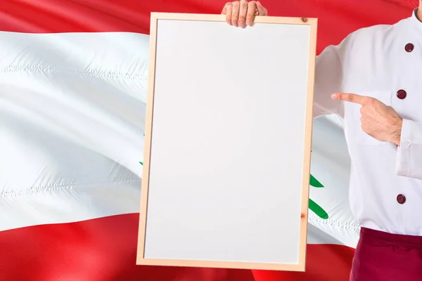 Lebanese Chef Holding Blank Whiteboard Menu Lebanon Flag Background Cook — Stock Photo, Image