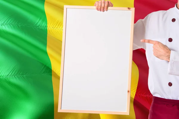Malian Chef Holding Blank Whiteboard Menu Mali Flag Background Cook — Stock Photo, Image