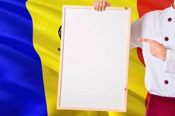 Moldovan Chef Holding Blank Whiteboard Menu Moldova Flag Background Cook — Stock Photo, Image