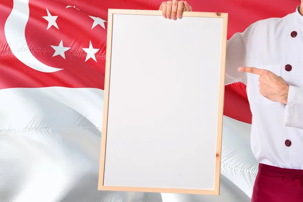 Singaporean Chef Holding Blank Whiteboard Menu Singapore Flag Background Cook — Stock Photo, Image