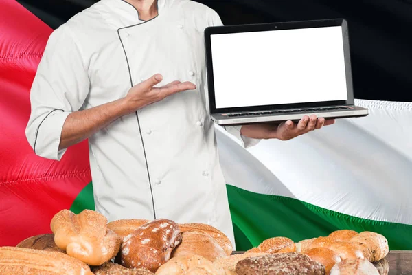 Palestijnse Baker Met Laptop Palestina Vlag Broden Achtergrond Chef Kok — Stockfoto