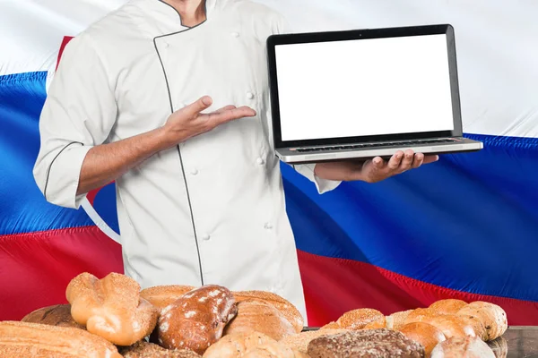 Eslovaco Baker Celebración Computadora Portátil Bandera Eslovaquia Panes Fondo Chef — Foto de Stock