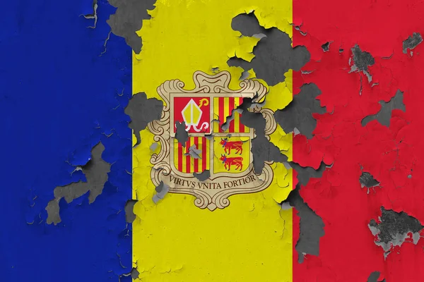 Feche Bandeira Andorra Grunge Danificada Intemperizada Parede Descascando Tinta Para — Fotografia de Stock