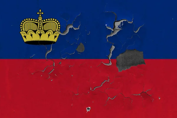 Κοντινό Πλάνο Grungy Κατεστραμμένα Και Ξεπερασμένο Λιχτενστάιν Σημαία Στον Τοίχο — Φωτογραφία Αρχείου