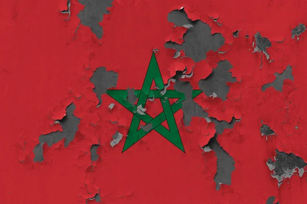 Feche Bandeira Marrocos Grunge Danificada Resistida Parede Descascando Tinta Para — Fotografia de Stock