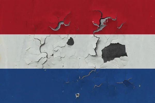 Zamknij Się Nieczysty Uszkodzone Wyblakły Flaga Holandia Ścianie Oderwanie Farby — Zdjęcie stockowe