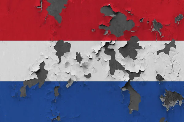 Zamknij Się Nieczysty Uszkodzone Wyblakły Flaga Holandia Ścianie Oderwanie Farby — Zdjęcie stockowe