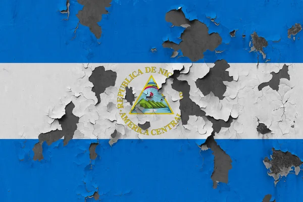 Εσωτερικη Grungy Κατεστραμμένα Και Ξεπερασμένο Νικαράγουα Σημαία Στον Τοίχο Ξεφλούδισμα — Φωτογραφία Αρχείου