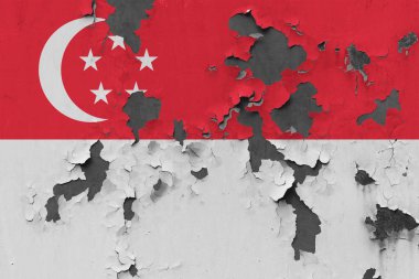 Duvar boya yüzeyi içinde görmek için kapalı soyulması grungy, hasarlı ve yıpranmış Singapur bayrağını Kapat.