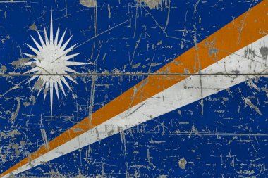 Grunge Marshall Adaları bayrağı eski çizilmiş ahşap yüzey üzerinde. Ulusal antika arka plan.